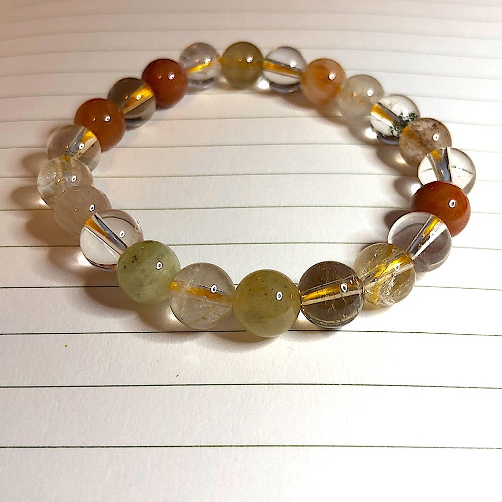 Clear Quartz&Phantom Quartz& Rutilated Quartz Beaded Bracelet on Elastic Cord